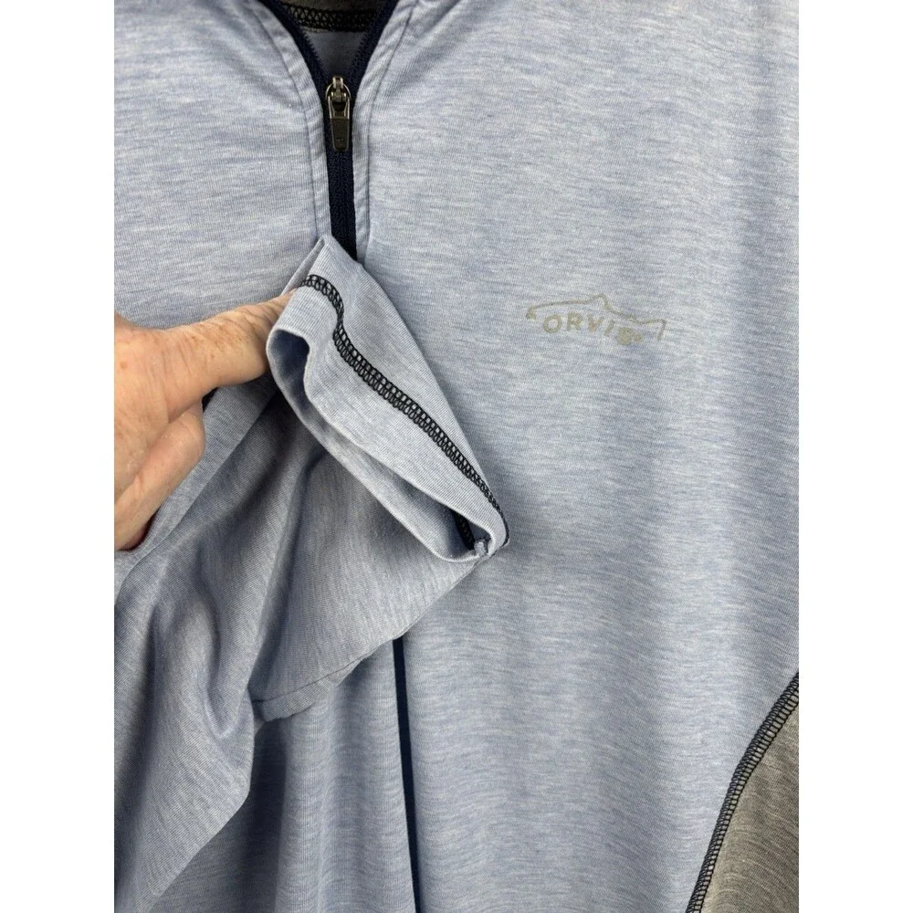 Orvis Sweater Men XL blue Gray 1/4 Quarter Zip Pockets Trout Bum Sweatshirt